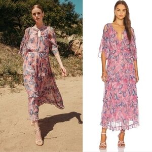 New Cleobella Elena Ankle Barbie Pink Lotus Print Maxi Dress NWT Small